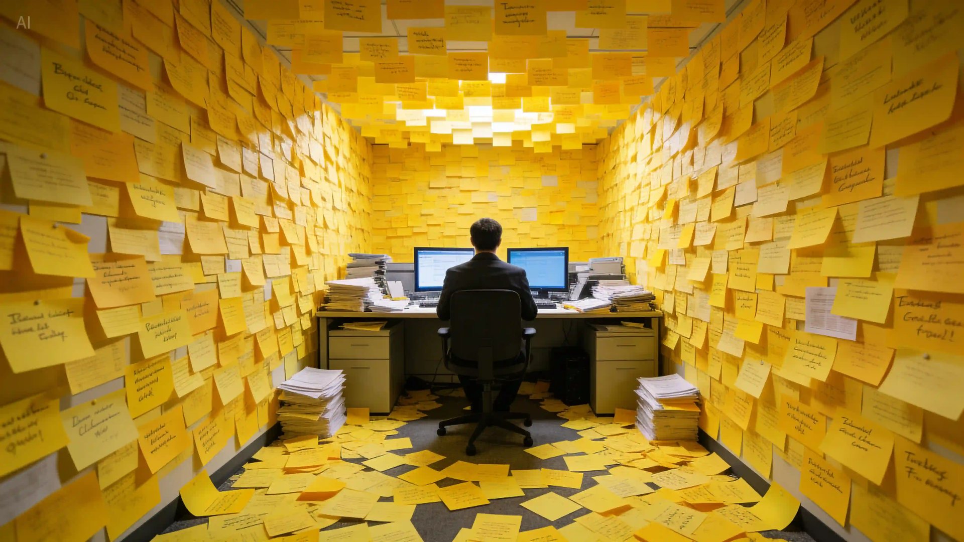 Sticky note overload office scene