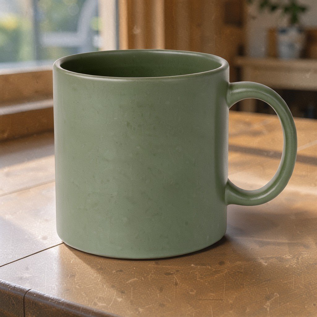 Multi-reference composition: place the mug from image 1 onto the table from image 2