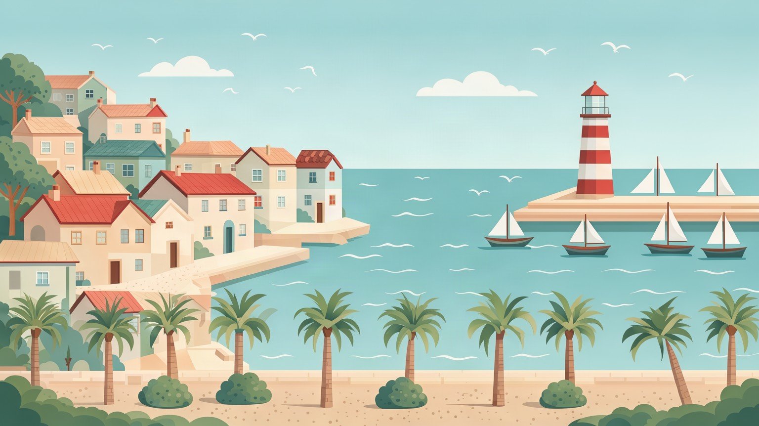 Illustration: a flat vector seaside town in a wide 16:9 frame at 2K