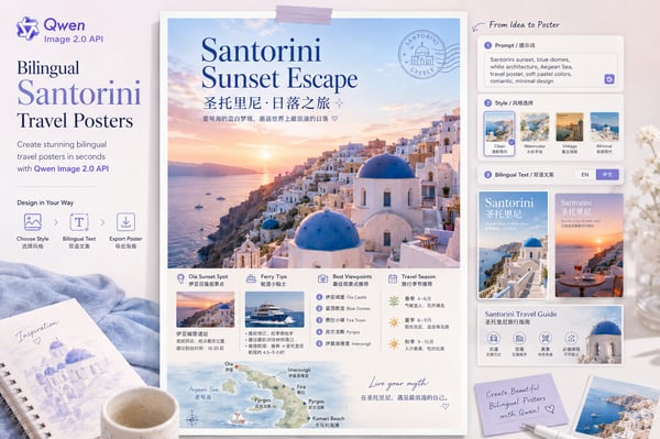Bilingual Santorini Travel Posters with Qwen Image 2.0 API