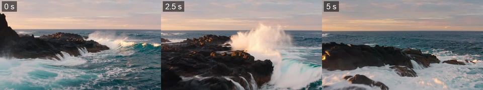 Texto para vídeo em 16:9: ondas em rochas vulcânicas ao pôr do sol