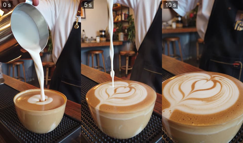 Texto para vídeo em 9:16: latte art sendo servida