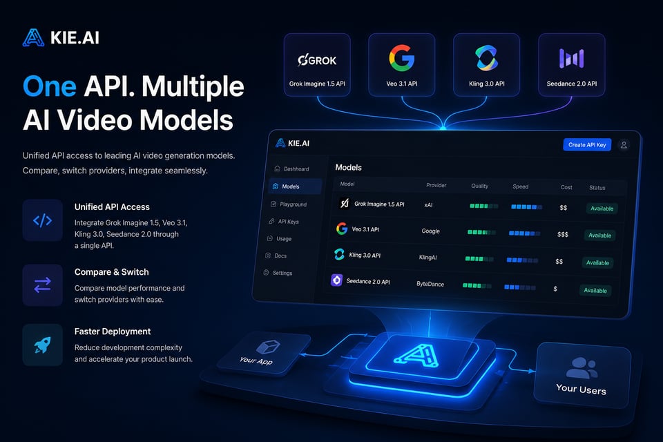 Access Grok Imagine 1.5, Veo 3.1, Kling 3.0, and Seedance 2.0 on Kie.ai